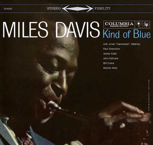 Miles Davis playing trumpet on the cover of Kind of Blue, Columbia Records stereo LP featuring lineup with Coltrane and Evans