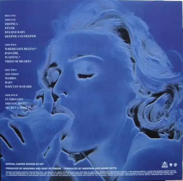 Madonna Erotica Album Turns 33 – Why This Important Album Still Matters Back cover of Madonna's Erotica album featuring a stylized blue-toned image of Madonna with eyes closed, holding a rose, and the full tracklist of the 1992 double LP.