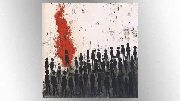 Three Days Grace Drop New Single “Dominate” Ahead of Alienation Album Release Abstract album cover artwork for Three Days Grace’s Dominate, showing a crowd of black stick figures with one red figure on fire walking forward.