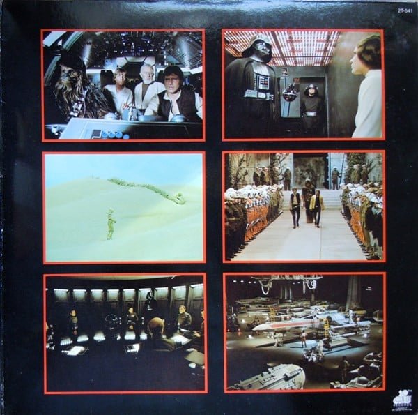 Star Wars Soundtracks: The Music That Defined a Galaxy Scenes from Star Wars featured on soundtrack album back cover including Luke, Leia, Han Solo, Darth Vader, and Rebel pilots