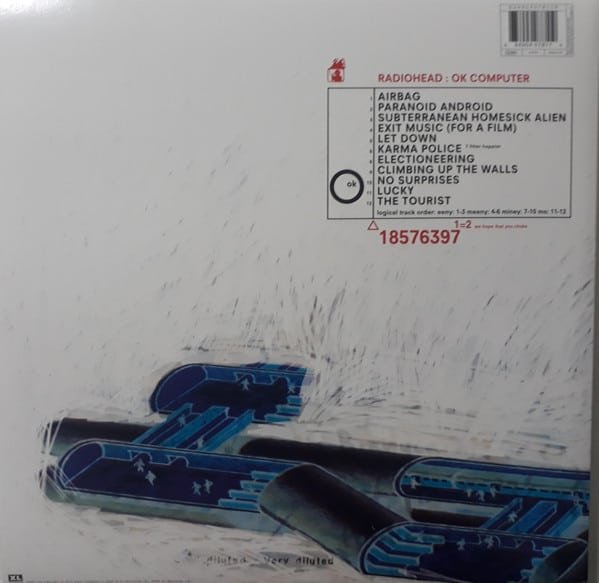 Radiohead – OK Computer Album: Why It’s Still the Best Album of the 1990s Radiohead OK Computer back cover featuring full tracklist, barcode, abstract blue tubes artwork, and catalog number 18576397