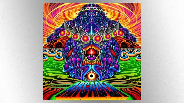 Arcadea 'The Exodus of Gravity' Album Announced by Mastodon's Brann Dailor Psychedelic artwork for Arcadea's album The Exodus of Gravity, featuring a vivid, colorful alien figure with multiple eyes and cosmic patterns.