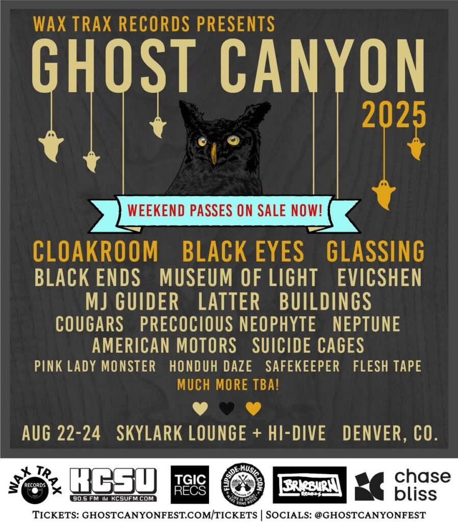 Ghost Canyon Fest 2025 poster featuring lineup with Cloakroom, Black Eyes, Glassing, and more at Skylark Lounge and Hi-Dive in Denver, August 22–24