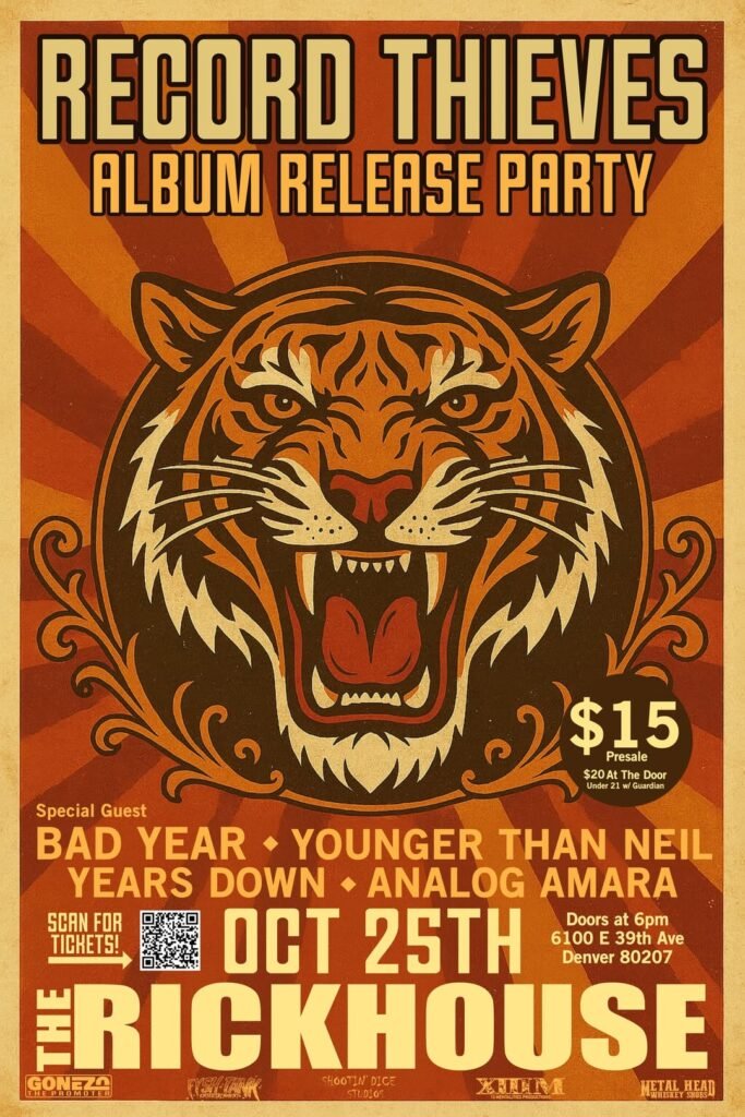 Record Thieves album release party poster featuring a roaring tiger illustration on a red and orange background