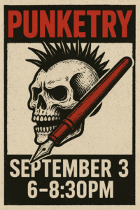 Punketry event poster featuring a skull with a mohawk and fountain pen, promoting the September 3 show from 6 to 8:30 PM