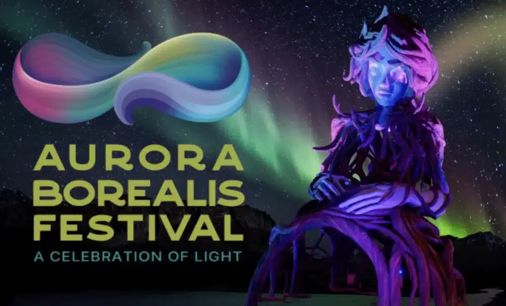 Aurora Borealis Festival Colorado poster featuring a glowing light installation figure with Northern Lights in the background