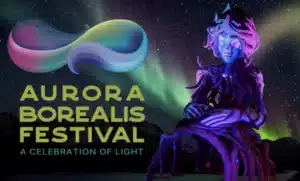Aurora Borealis Festival Colorado poster featuring a glowing light installation figure with Northern Lights in the background