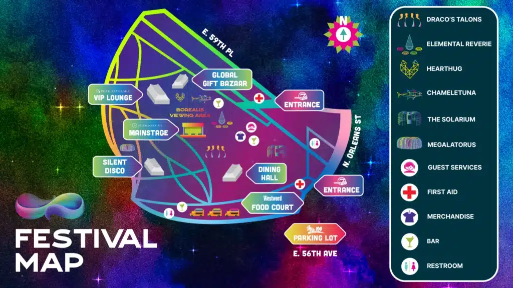 Aurora Borealis Festival Colorado 2025 map showing entrances, mainstage, VIP lounge, silent disco, dining hall, food court, and attractions