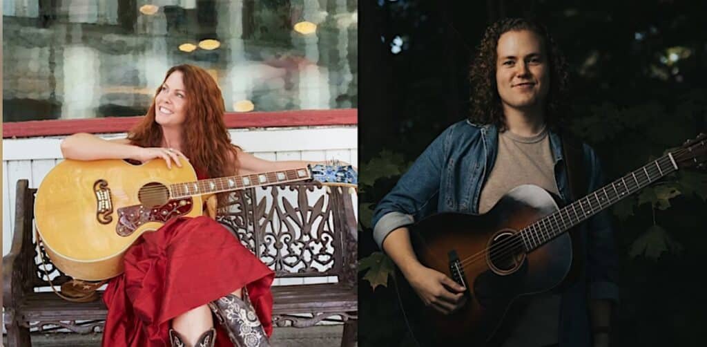 Rebecca Folsom and Sam Robbins with acoustic guitars, promoting their Denver concert at Swallow Hill Music 2025.