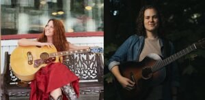 Rebecca Folsom and Sam Robbins with acoustic guitars, promoting their Denver concert at Swallow Hill Music 2025.