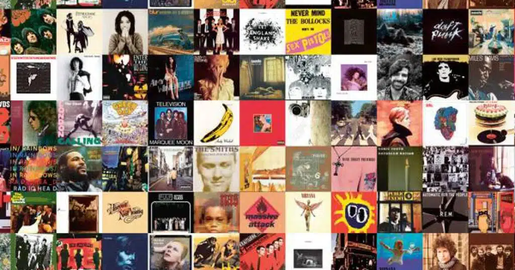 Collage of iconic album covers from various artists and eras, representing some of the greatest and most influential albums in music history.
