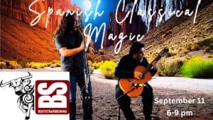 Tony Crank and Earl Correy performing Spanish classical guitar and flute live at Bootstrap Brewing in Longmont, Colorado on September 11, 2025.