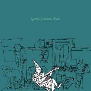 Album cover for sports Demon Daze featuring hand-drawn line art of a figure in a wizard hat playing guitar in a room