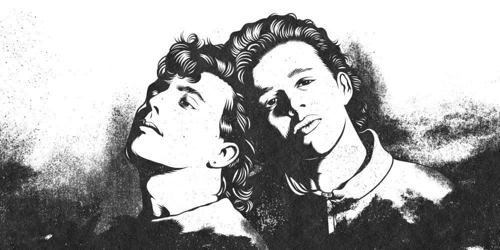 Black and white illustration of Tears For Fears members Roland Orzabal and Curt Smith, connected to their hit song “Everybody Wants to Rule the World.