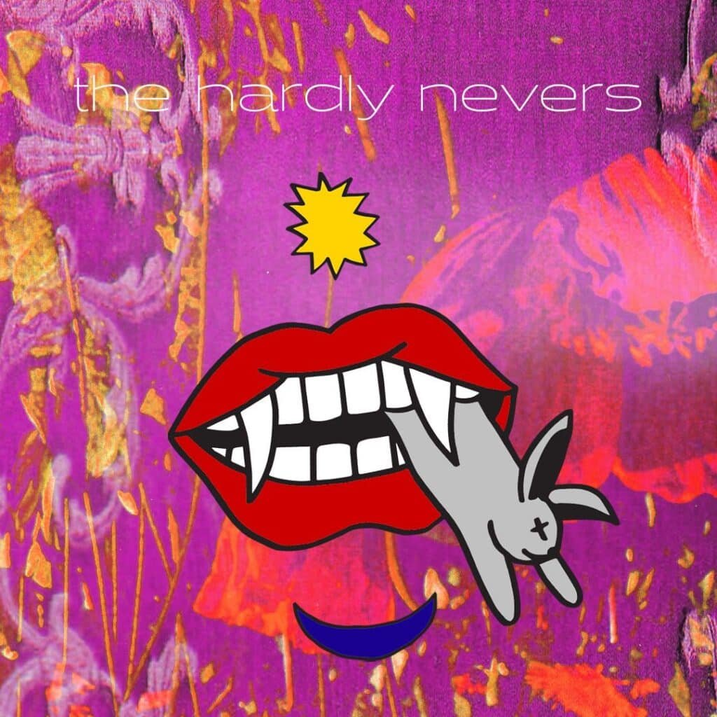 Album cover art for The Hardly Nevers single "Rabbit in a Dog’s Bed," featuring red lips with vampire fangs holding a cartoon rabbit against a colorful psychedelic background.