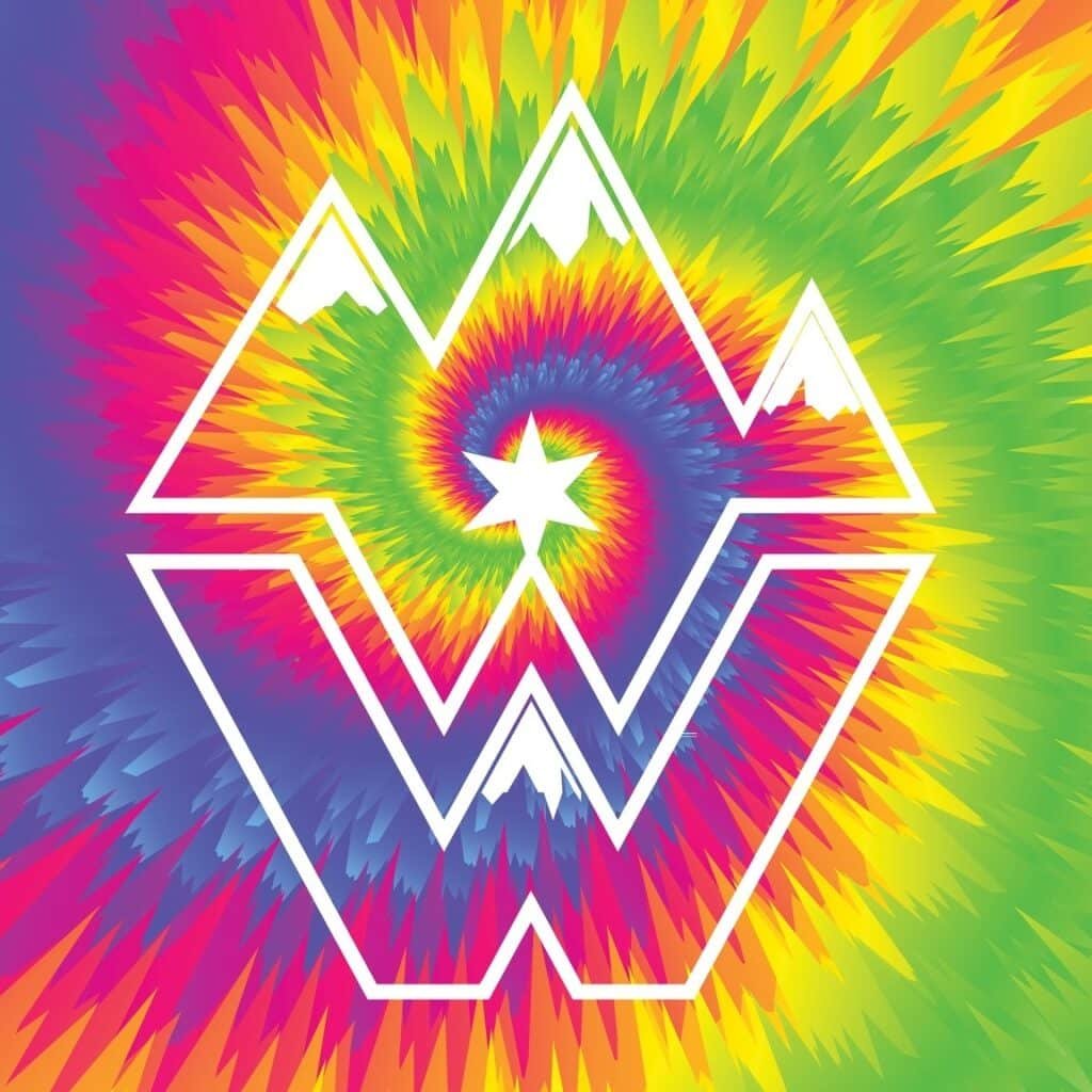 Wibby Brewing Longmont logo with tie-dye rainbow background and mountain design