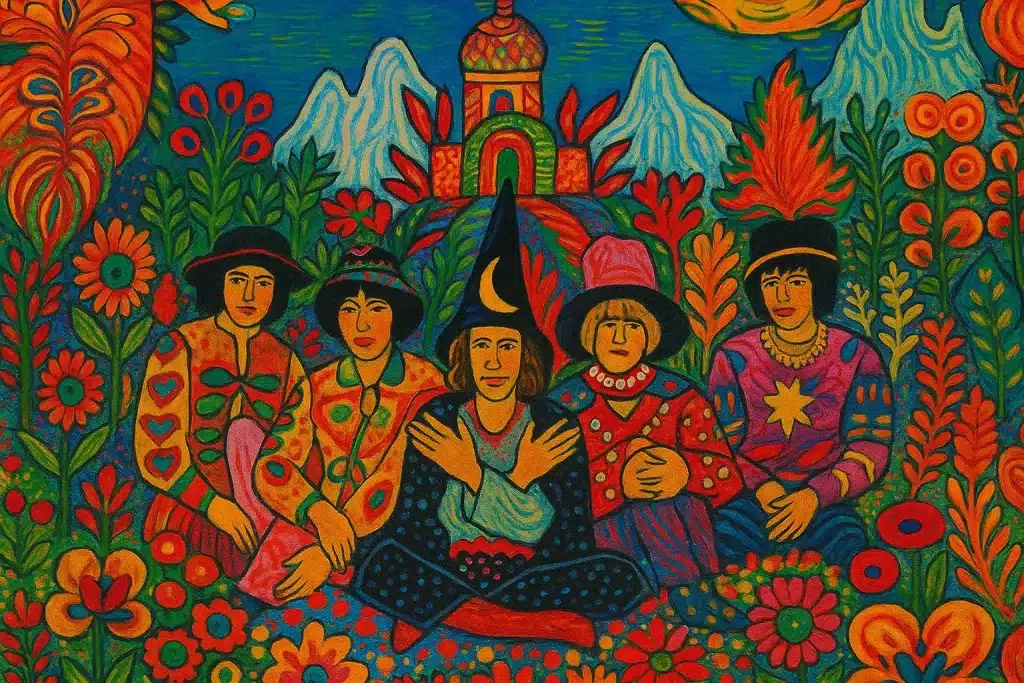 The Rolling Stones Their Satanic Majesties Request 1967 album cover featuring the band in colorful psychedelic costumes