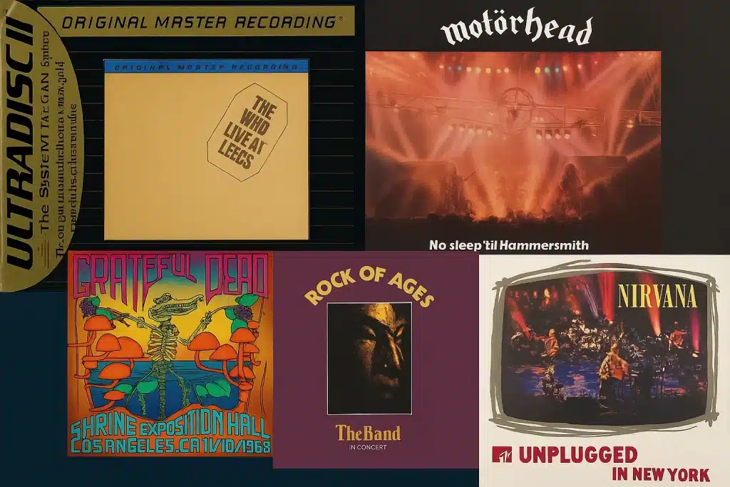 Collage of the best live albums featuring Nirvana MTV Unplugged, The Who Live at Leeds, The Band Rock of Ages, Motörhead No Sleep ’Til Hammersmith, and Grateful Dead Shrine Exposition Hall