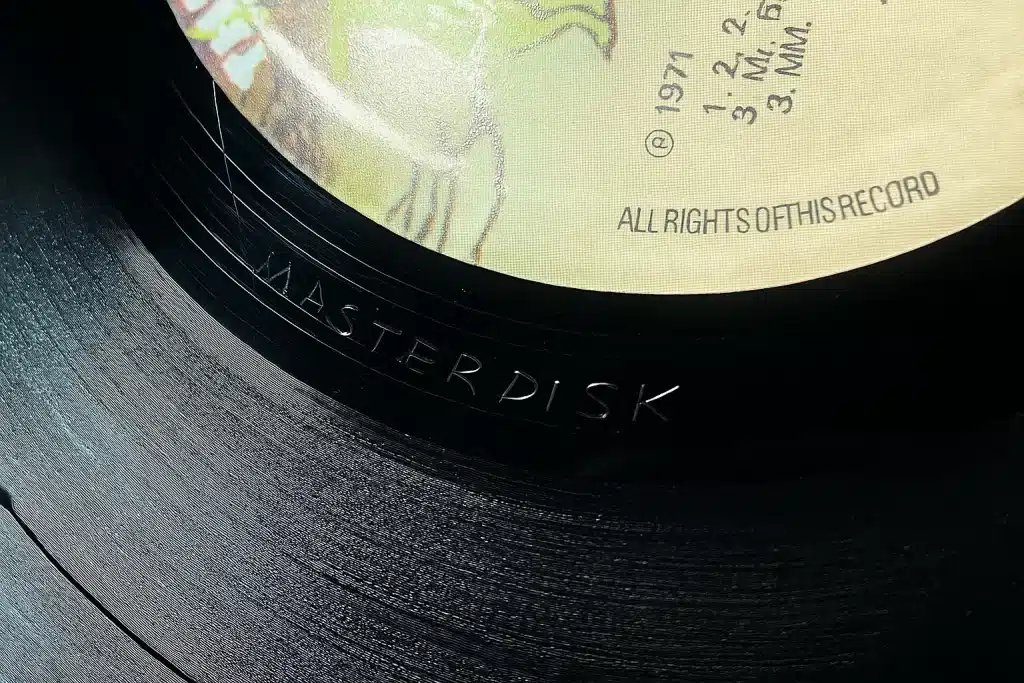 Close-up of a Masterdisk deadwax etching used to identify a first pressing vinyl record.