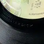 Close-up of a Masterdisk deadwax etching used to identify a first pressing vinyl record.