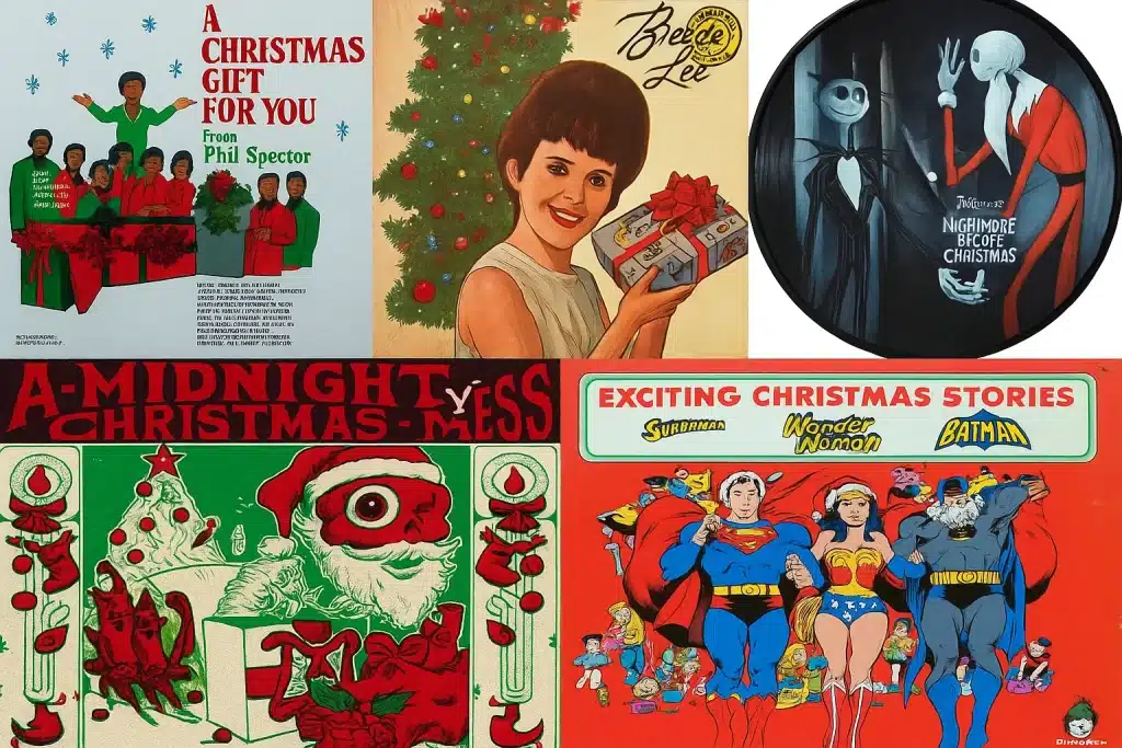 Five classic holiday vinyl albums including A Christmas Gift for You From Phil Spector, Merry Christmas from Brenda Lee, The Nightmare Before Christmas, A Midnight Christmas Mess, and Exciting Christmas Stories featuring Superman, Wonder Woman, and Batman.