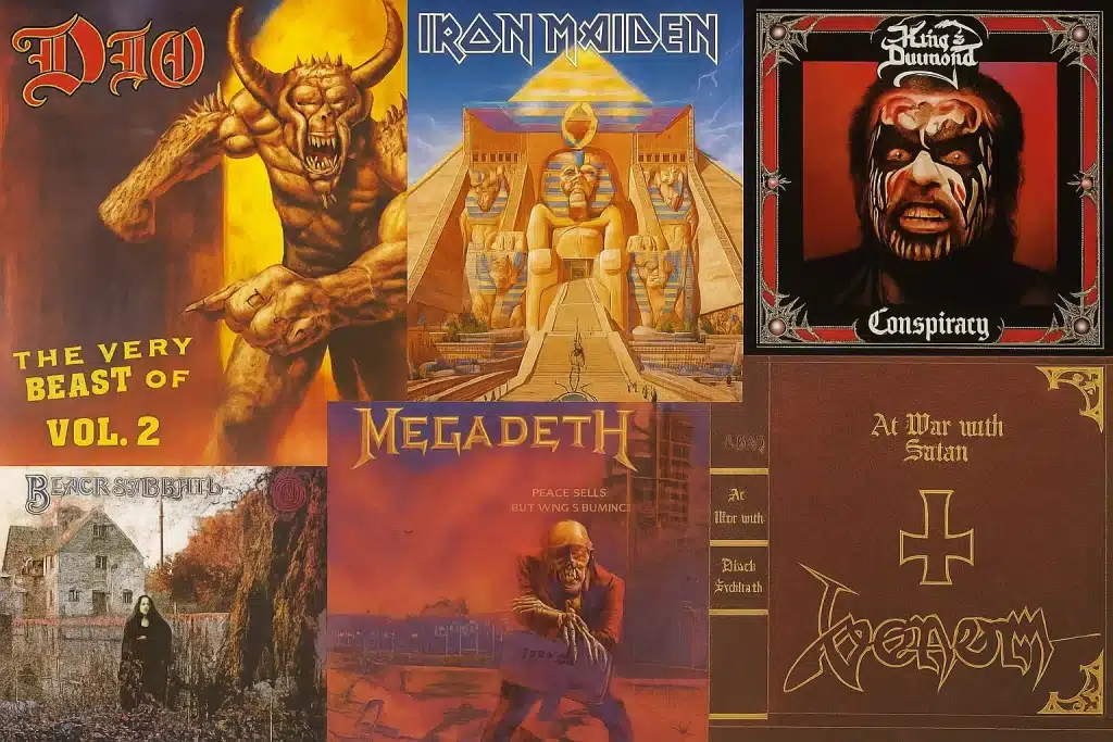 Album covers from influential metal bands including Black Sabbath, Iron Maiden, Dio, Megadeth, Venom, and King Diamond.