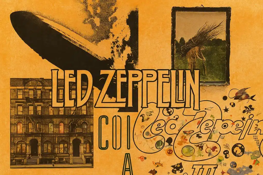 Collage featuring classic Led Zeppelin albums covers including Led Zeppelin I, Led Zeppelin III, Physical Graffiti, and Led Zeppelin IV artwork.