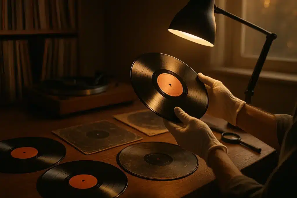 Vinyl record grading expert inspecting a record under a bright lamp with gloves.