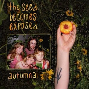 Cover art for the Autumnal debut album, featuring a collage of the four band members, a hand holding a sliced peach, and handwritten lyrics spiraling over a dark background.
