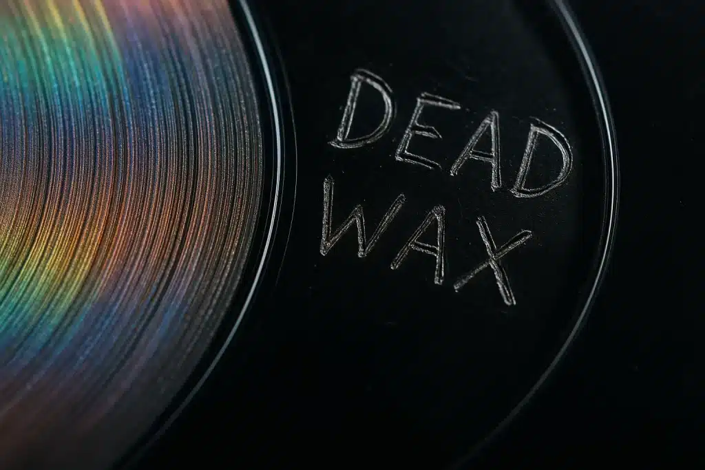 Close-up of a vinyl record runout groove showing the words DEAD WAX etched into the surface, illustrating a dead wax pressing inscription.