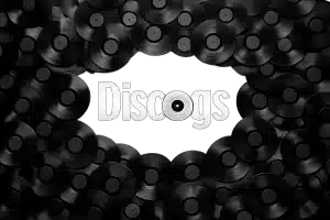Stylized Discogs logo surrounded by a large collection of black vinyl records, illustrating the complexity of how to determine vinyl record value.