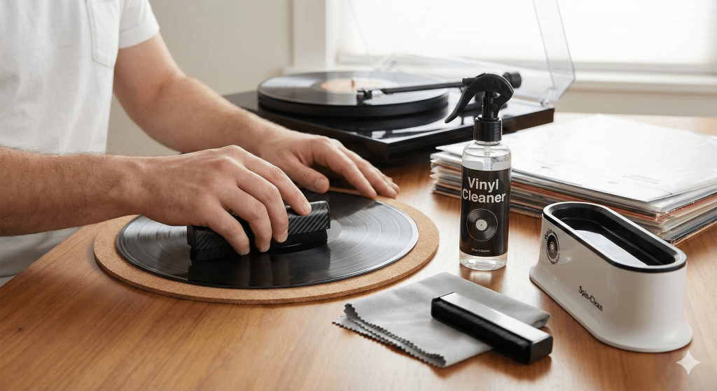 A person demonstrating how to clean vinyl records using a carbon fiber brush, cleaning spray, and a washing basin on a wooden table.
