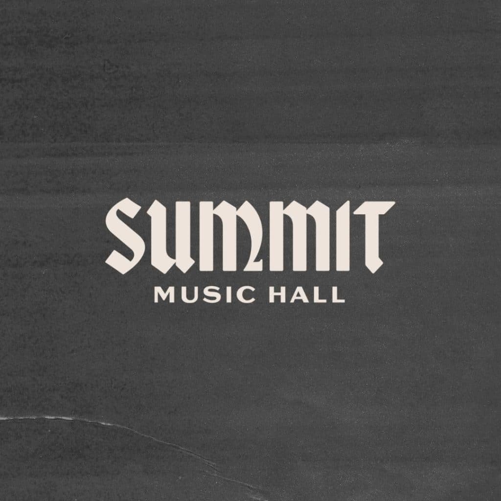 Official logo for Summit Music Hall Denver featuring stylized gothic typography on a dark textured background