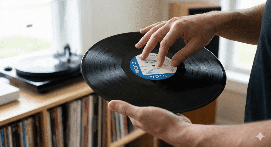 Handle Vinyl Records Without Damage: The Collector’s Guide Close-up of a collector demonstrating how to handle vinyl records without damage using the safe two-point hold on the outer edge and center label.