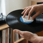 Close-up of a collector demonstrating how to handle vinyl records without damage using the safe two-point hold on the outer edge and center label.