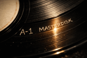 Close-up view of a vinyl record's runout groove, displaying etched matrix numbers such as "A-1 MASTERDISK". Examining these details is a key step to identify vinyl pressings.