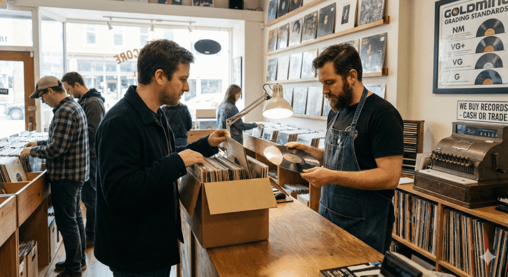 A customer sells used vinyl records to a store buyer at a counter, with a 'Goldmine Grading Standards' poster visible on the wall.