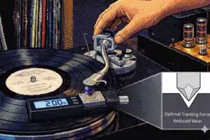 Digital scale measuring stylus tracking force at 2.00g on a turntable, with an inset diagram showing optimal stylus groove contact to prevent vinyl record wear.