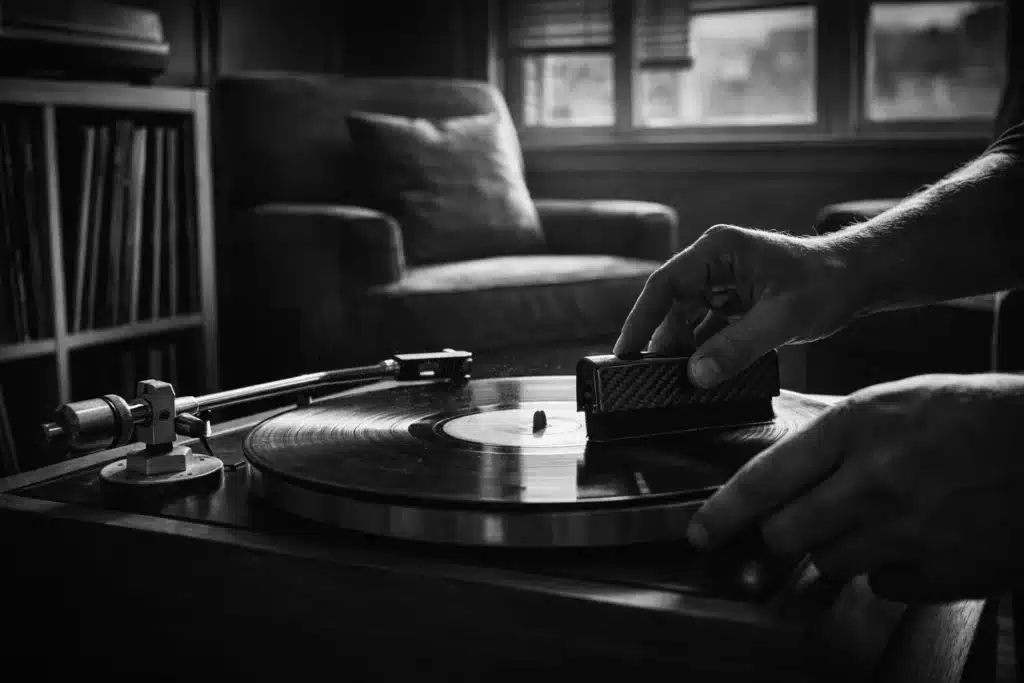 Vinyl Record Care: How to Properly Store, Clean, and Maintain Your Collection vinyl record care using a carbon fiber brush to clean a record on a turntable
