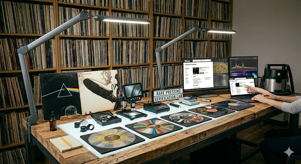Identify First Pressings: Vinyl Collector's Guide Collector using Discogs to identify first pressings and verify vinyl record labels, matrix numbers, and release information.
